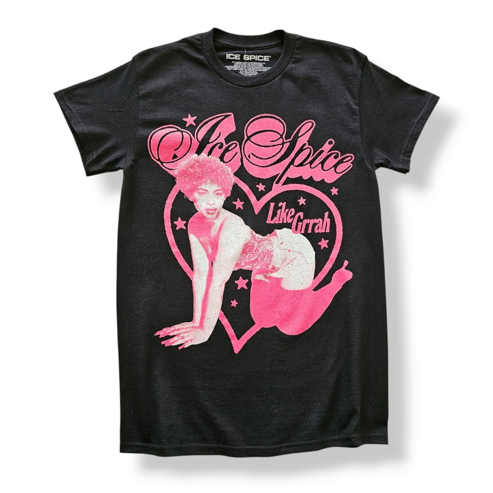 Ice Spice "Like Grrah" Black & Hot Pink Heart Graphic Print T-Shirt Size Small